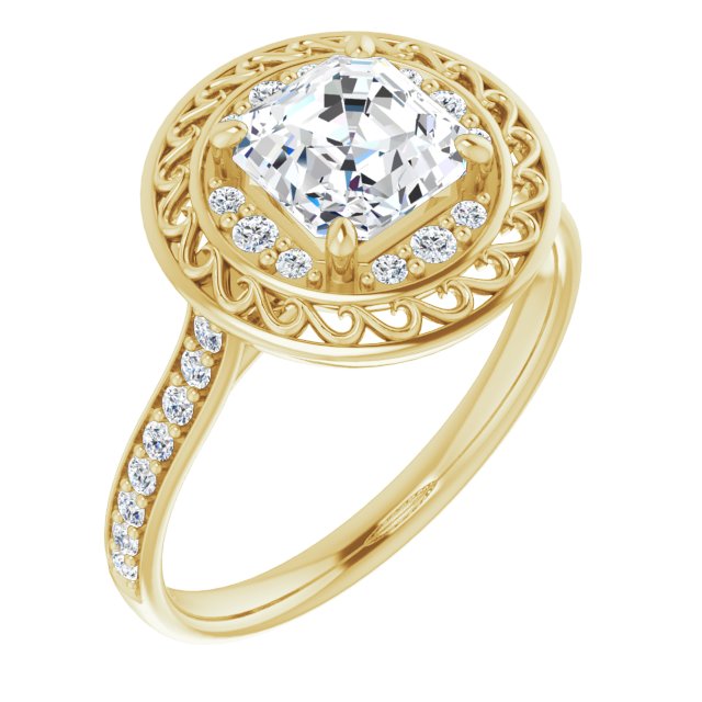 10K Yellow Gold Customizable Cathedral-style Asscher Cut featuring Cluster Accented Filigree Setting & Shared Prong Band