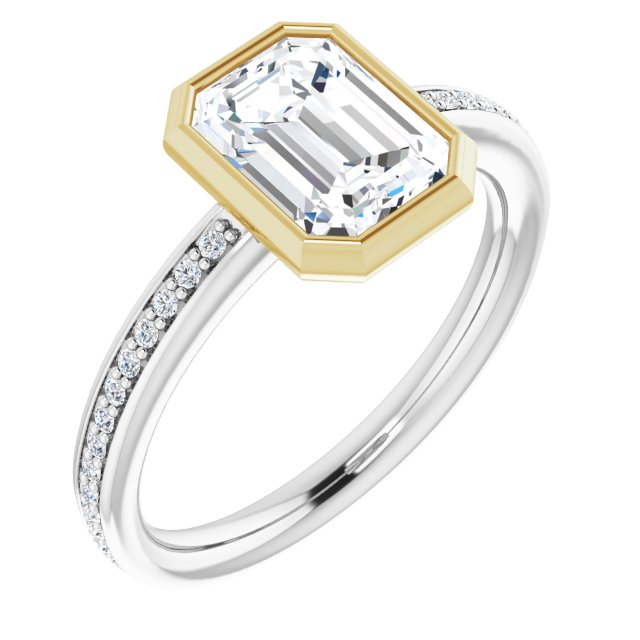 14K White & Yellow Gold Customizable Bezel-Set Emerald/Radiant Cut Center with Thin Shared Prong Band