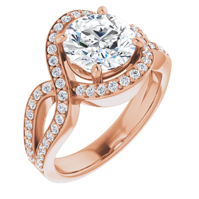 18K Rose Gold Customizable Round Cut Center with Infinity-inspired Split Shared Prong Band and Bypass Halo