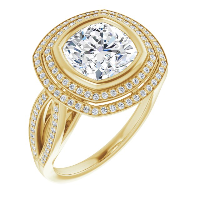 10K Yellow Gold Customizable Bezel-set Cushion Cut Style with Double Halo and Split Shared Prong Band