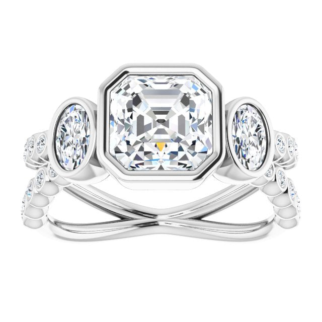Cubic Zirconia Engagement Ring- The Tamanna (Customizable Bezel-set Asscher Cut Design with Dual Bezel-Oval Accents and Round-Bezel Accented Split Band)