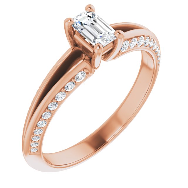 10K Rose Gold Customizable Emerald/Radiant Cut Center with 4-sided-Accents Knife-Edged Split-Band
