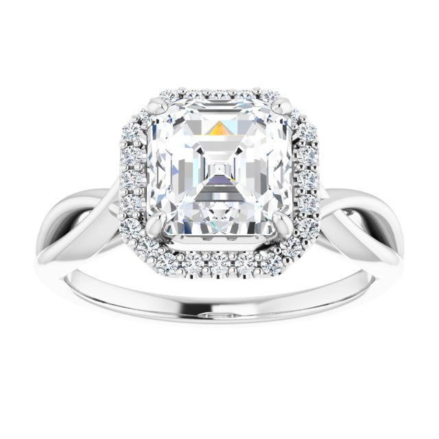 Cubic Zirconia Engagement Ring- The Yawén (Customizable Cathedral-Halo Asscher Cut Design with Twisting Split Band)