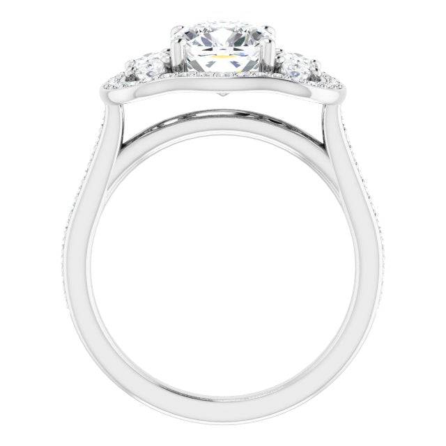 Cubic Zirconia Engagement Ring- The Dulce (Customizable Cushion Cut Style with Oval Cut Accents, 3-stone Halo & Thin Shared Prong Band)
