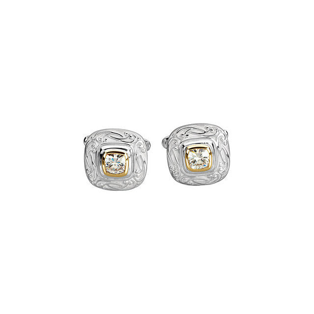 Men’s Cufflinks- 6mm Antique Square CZ Each with Hand-Engraved Setting and Two-Tone Design