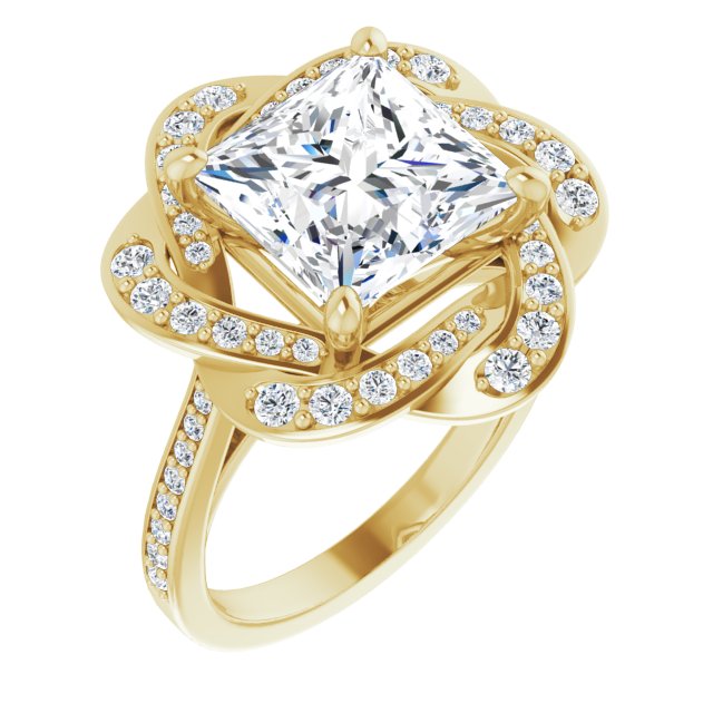 10K Yellow Gold Customizable Cathedral-raised Princess/Square Cut Design with Floral/Knot Halo and Thin Accented Band