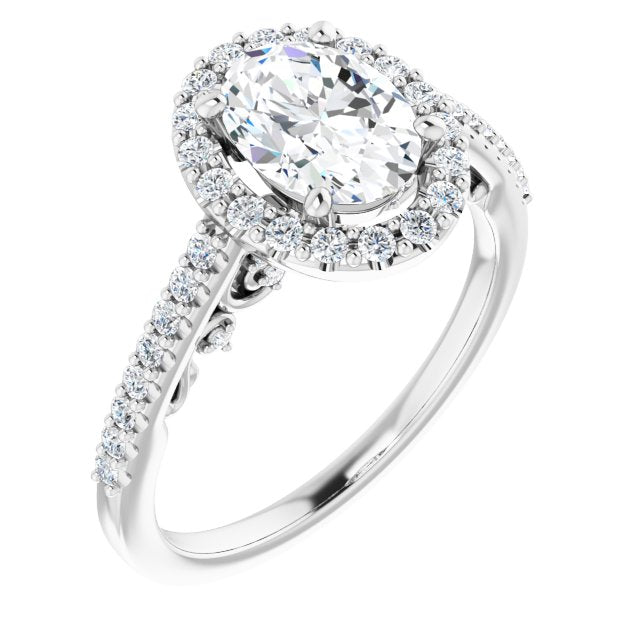 Cubic Zirconia Engagement Ring- The Aiko (Customizable Cathedral-Halo Oval Cut Design with Carved Metal Accent plus Pavé Band)