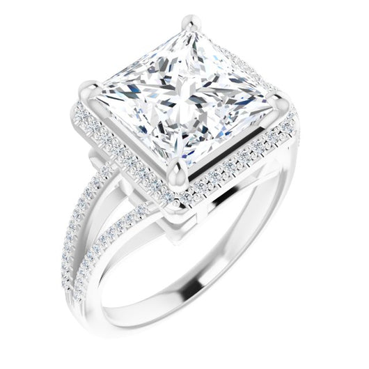 10K White Gold Customizable Princess/Square Cut Vintage Design with Halo Style and Asymmetrical Split-Pavé Band