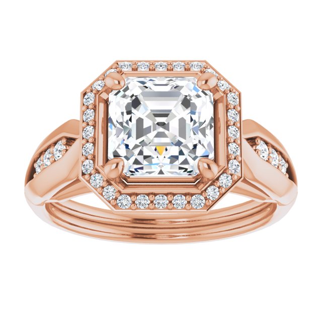 Cubic Zirconia Engagement Ring- The Ina Vaani (Customizable Cathedral-raised Asscher Cut Design with Halo and Tri-Cluster Band Accents)