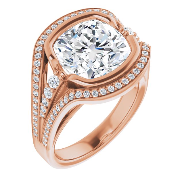 10K Rose Gold Customizable Cathedral-Bezel Cushion Cut Design with Wide Triple-Split-Pavé Band