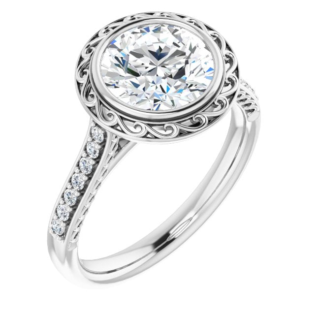18K White Gold Customizable Cathedral-Bezel Round Cut Design featuring Accented Band with Filigree Inlay
