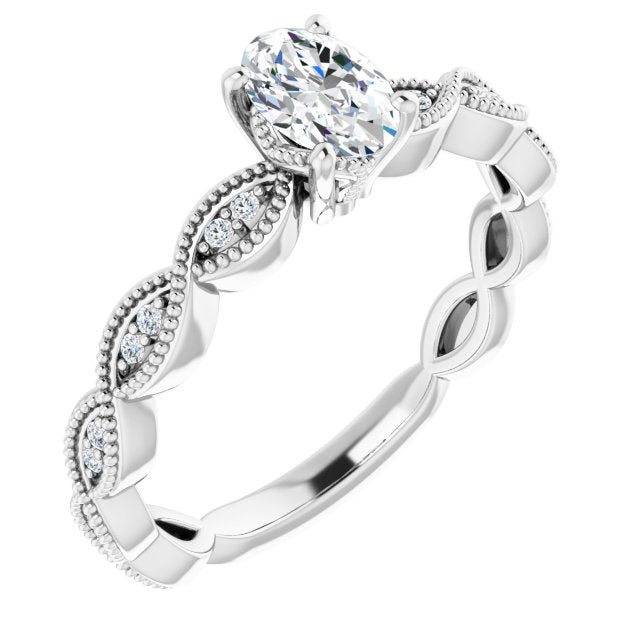 10K White Gold Customizable Oval Cut Artisan Design with Scalloped, Round-Accented Band and Milgrain Detail