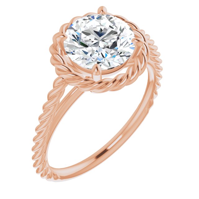 14K Rose Gold Customizable Cathedral-set Round Cut Solitaire with Thin Rope-Twist Band