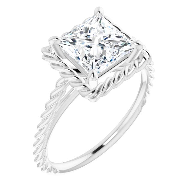 10K White Gold Customizable Cathedral-set Princess/Square Cut Solitaire with Thin Rope-Twist Band