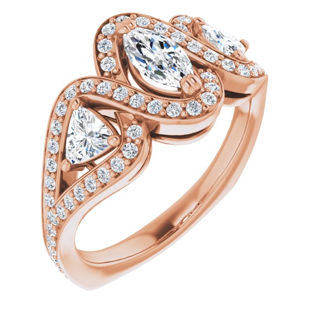 10K Rose Gold Customizable Marquise Cut Center with Twin Trillion Accents, Twisting Shared Prong Split Band, and Halo