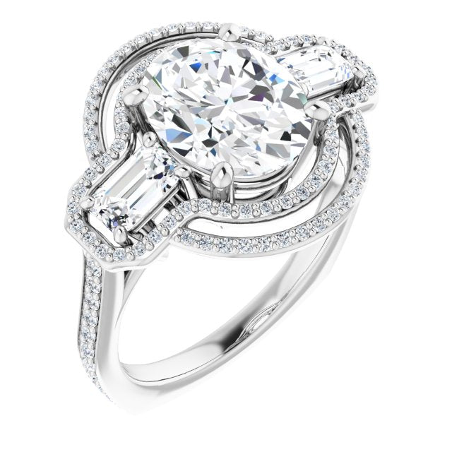 10K White Gold Customizable Enhanced 3-stone Style with Oval Cut Center, Emerald Cut Accents, Double Halo and Thin Shared Prong Band