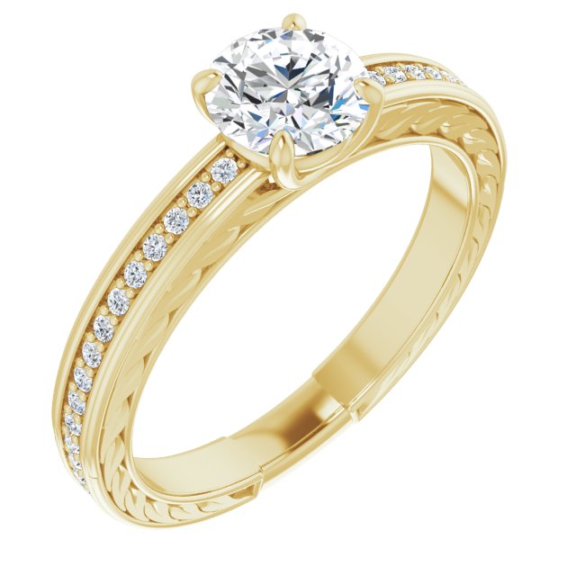10K Yellow Gold Customizable Round Cut Design with Rope-Filigree Hammered Inlay & Round Channel Accents