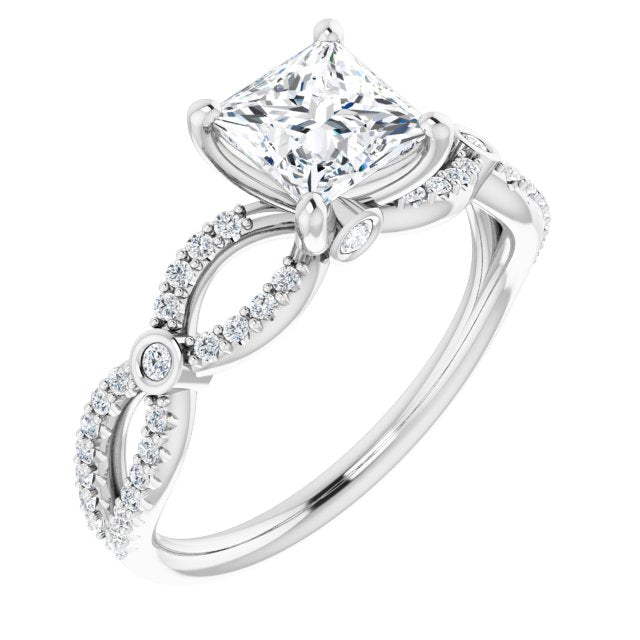 10K White Gold Customizable Princess/Square Cut Design with Infinity-inspired Split Pavé Band and Bezel Peekaboo Accents