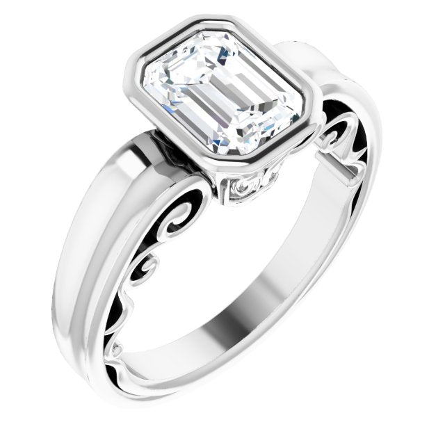 Cubic Zirconia Engagement Ring- The Fredrika (Customizable Bezel-set Emerald Cut Solitaire with Wide 3-sided Band)