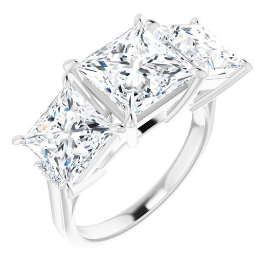 10K White Gold Customizable Triple Princess/Square Cut Design with Quad Vertical-Oriented Round Accents