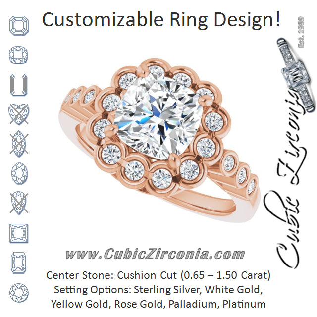 Cubic Zirconia Engagement Ring- The Berkley (Customizable Cushion Cut Design with Round-bezel Halo and Band Accents)