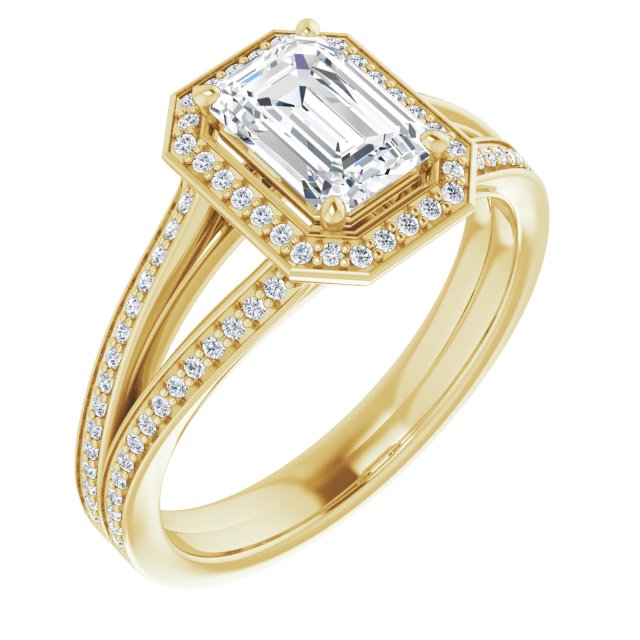 10K Yellow Gold Customizable Emerald/Radiant Cut Design with Split-Band Shared Prong & Halo