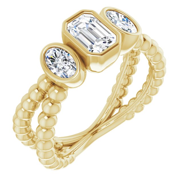10K Yellow Gold Customizable 3-stone Emerald/Radiant Cut Design with 2 Oval Cut Side Stones and Wide, Bubble-Bead Split-Band