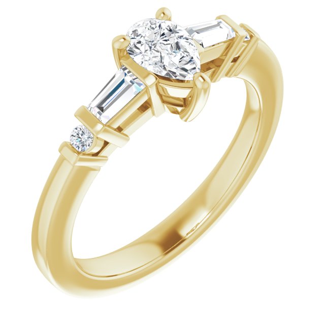 10K Yellow Gold Customizable 5-stone Baguette+Round-Accented Pear Cut Design)