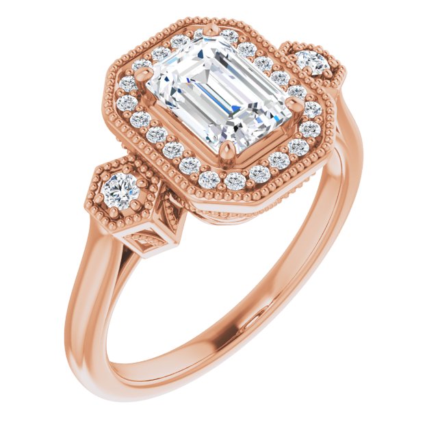 14K Rose Gold Customizable Cathedral Emerald/Radiant Cut Design with Halo and Delicate Milgrain