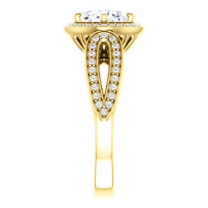 CZ Wedding Set, featuring The Jordyn Elitza engagement ring (Customizable Halo-Style Cushion Cut with Twisting Pavé Split-Shank)