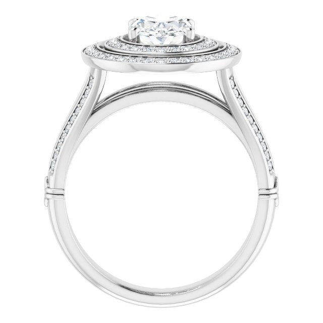 Cubic Zirconia Engagement Ring- The Chaunte (Customizable Cathedral-set Oval Cut Design with Double Halo, Wide Split-Shared Prong Band and Side Knuckle Accents)