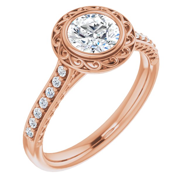 10K Rose Gold Customizable Cathedral-Bezel Round Cut Design featuring Accented Band with Filigree Inlay