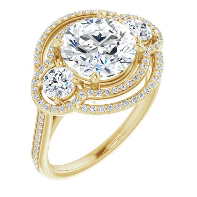 14K Yellow Gold Customizable Enhanced 3-stone Double-Halo Style with Round Cut Center and Thin Band