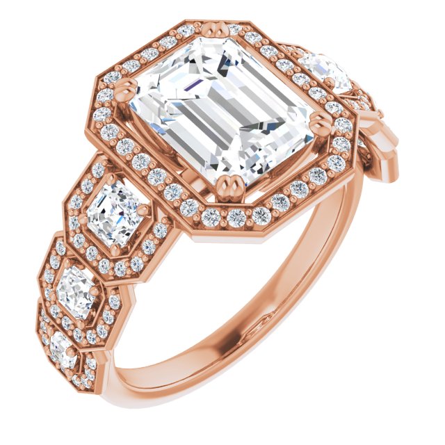 10K Rose Gold Customizable Cathedral-Halo Emerald/Radiant Cut Design with Six Halo-surrounded Asscher Cut Accents and Ultra-wide Band