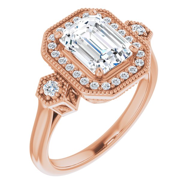 Cubic Zirconia Engagement Ring- The Pacifica (Customizable Cathedral Emerald Cut Design with Halo and Delicate Milgrain)