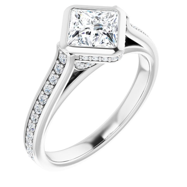 14K White Gold Customizable Cathedral-Bezel Princess/Square Cut Design with Under Halo and Shared Prong Band
