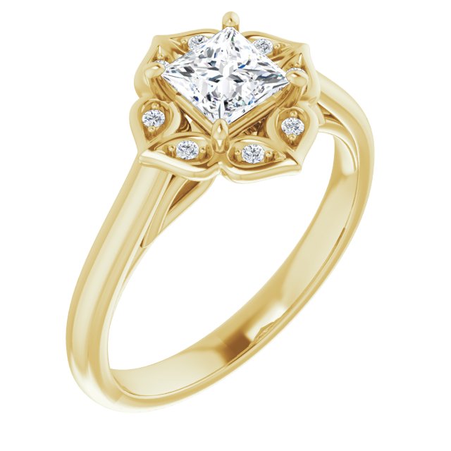 10K Yellow Gold Customizable Cathedral-raised Princess/Square Cut Design with Star Halo & Round-Bezel Peekaboo Accents