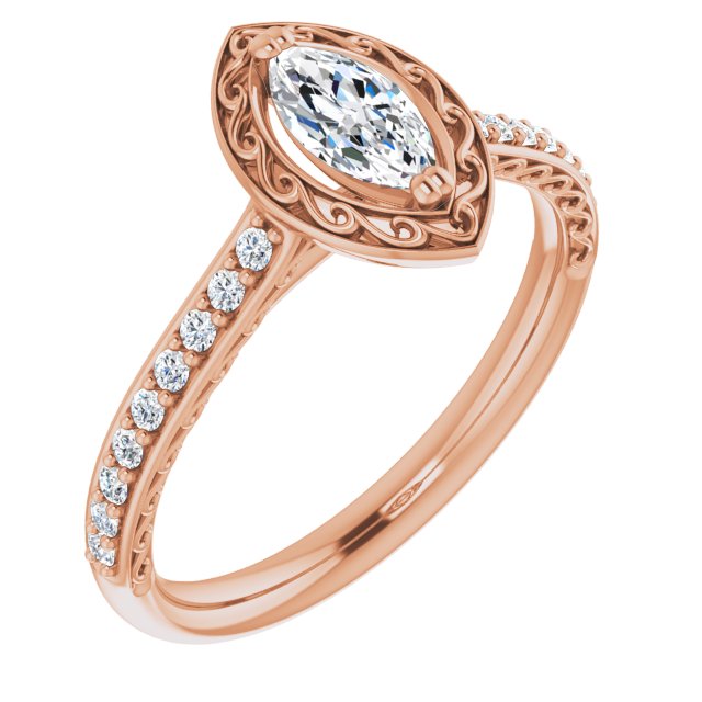 10K Rose Gold Customizable Marquise Cut Halo Design with Filigree and Accented Band