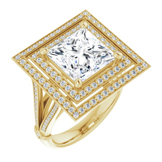 10K Yellow Gold Customizable Cathedral-set Princess/Square Cut Design with Double Halo, Wide Split-Shared Prong Band and Side Knuckle Accents