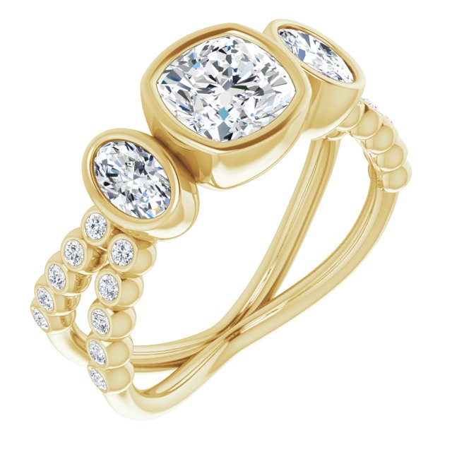 10K Yellow Gold Customizable Bezel-set Cushion Cut Design with Dual Bezel-Oval Accents and Round-Bezel Accented Split Band