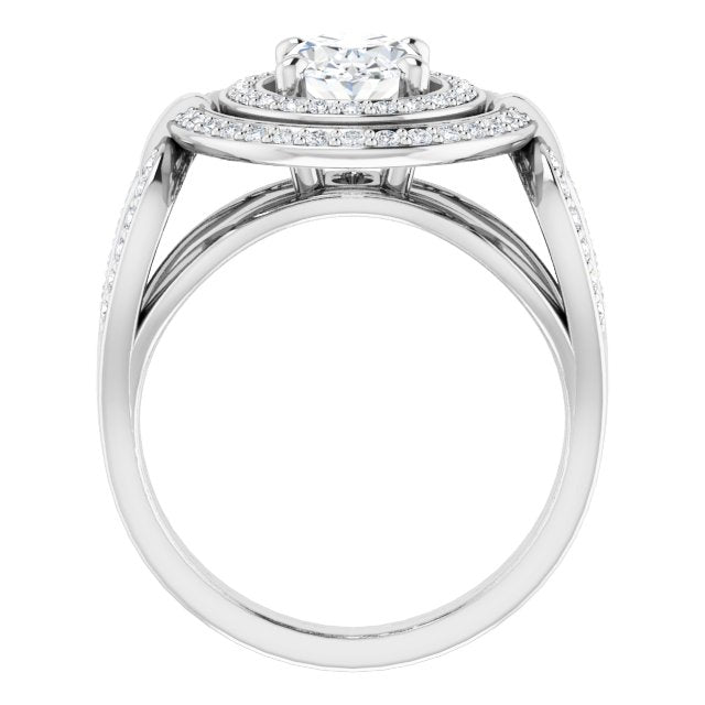 Cubic Zirconia Engagement Ring- The Daksha (Customizable Cathedral-set Oval Cut Design with Double Halo & Accented Ultra-wide Horseshoe-inspired Split Band)