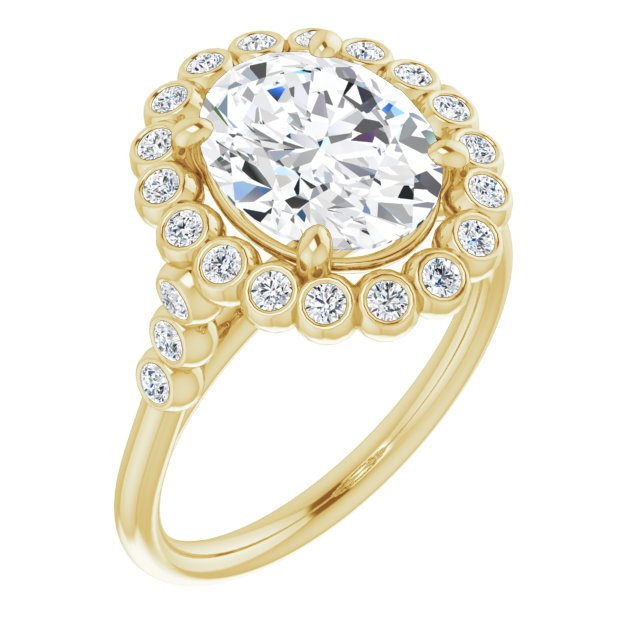 10K Yellow Gold Customizable Oval Cut Cathedral-Style Clustered Halo Design with Round Bezel Accents