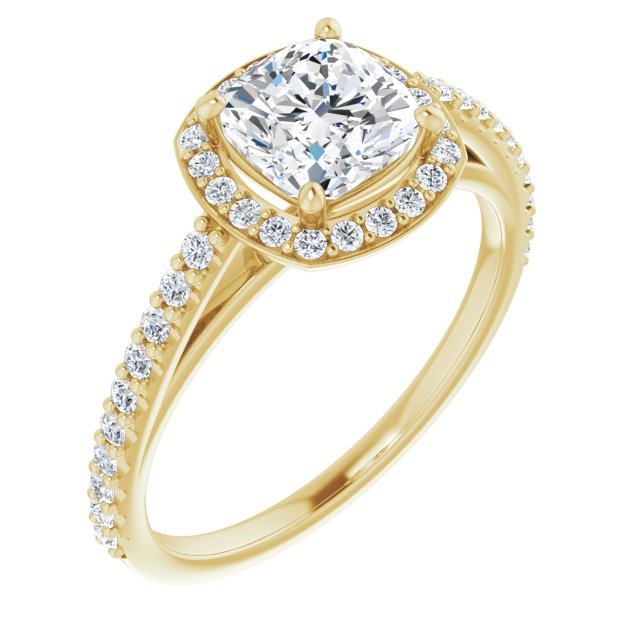 10K Yellow Gold Customizable Cushion Cut Design with Halo and Thin Pavé Band