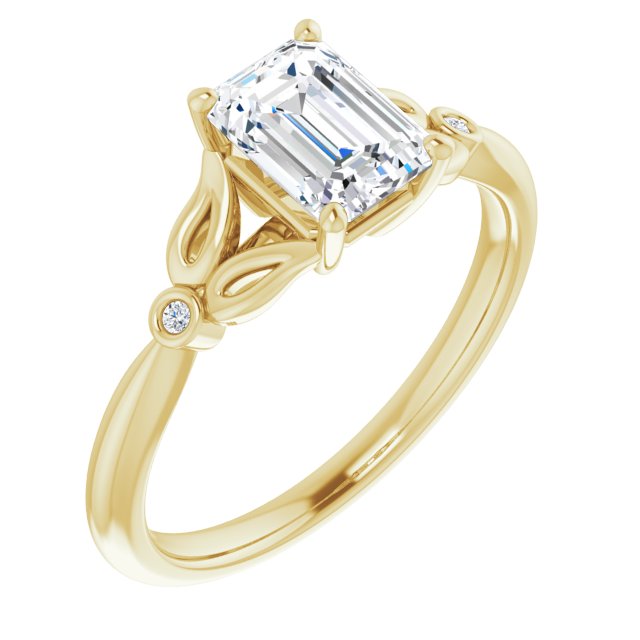 10K Yellow Gold Customizable 3-stone Emerald/Radiant Cut Design with Thin Band and Twin Round Bezel Side Stones
