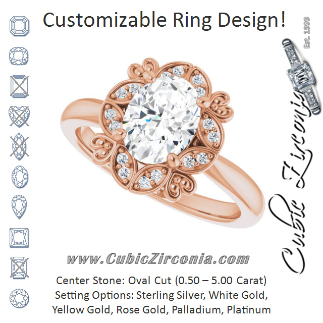 Cubic Zirconia Engagement Ring- The Hé Zhang (Customizable Oval Cut Design with Floral Segmented Halo & Sculptural Basket)