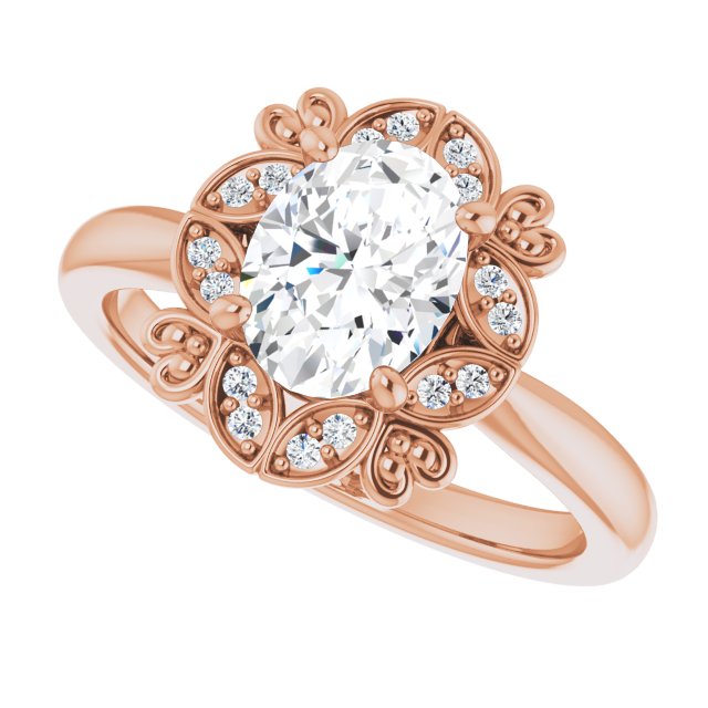 Cubic Zirconia Engagement Ring- The Hé Zhang (Customizable Oval Cut Design with Floral Segmented Halo & Sculptural Basket)
