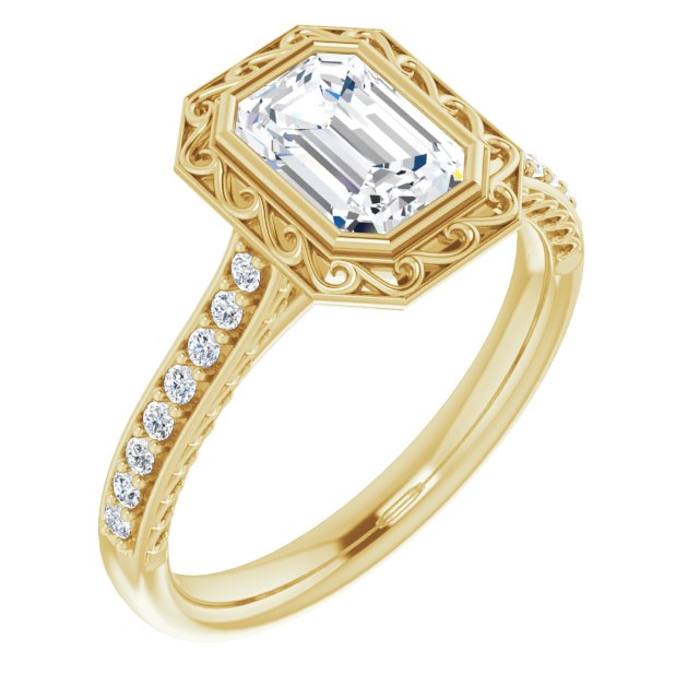 10K Yellow Gold Customizable Cathedral-Bezel Emerald/Radiant Cut Design featuring Accented Band with Filigree Inlay