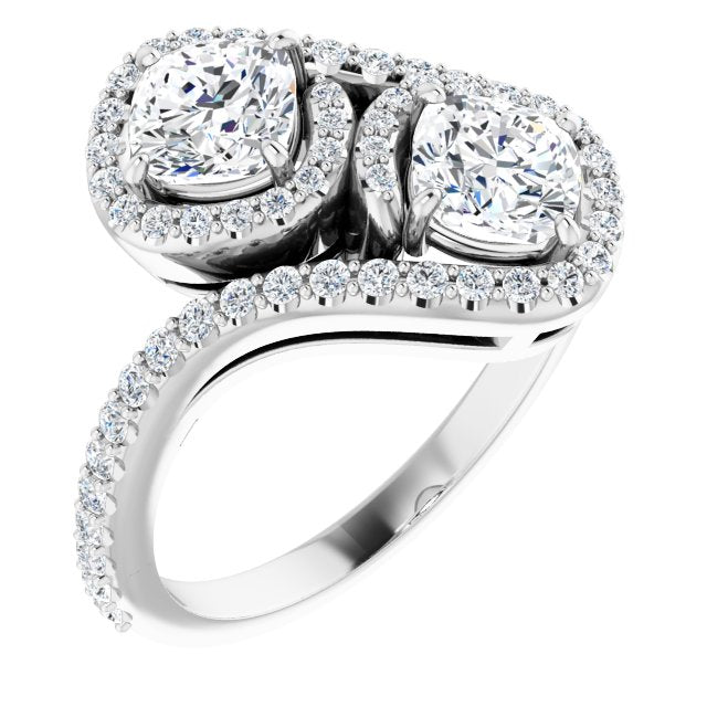 10K White Gold Customizable Double Cushion Cut 2-Stone Style Enhanced with Accented Artisan Bypass Band