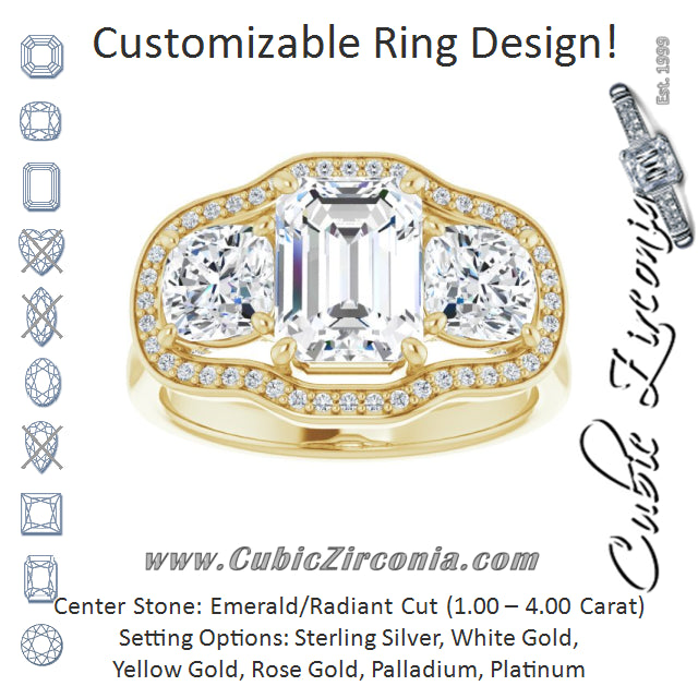 Cubic Zirconia Engagement Ring- The Aimi Namiko (Customizable 3-stone Design with Emerald Cut Center, Cushion Side Stones, Triple Halo and Bridge Under-halo)