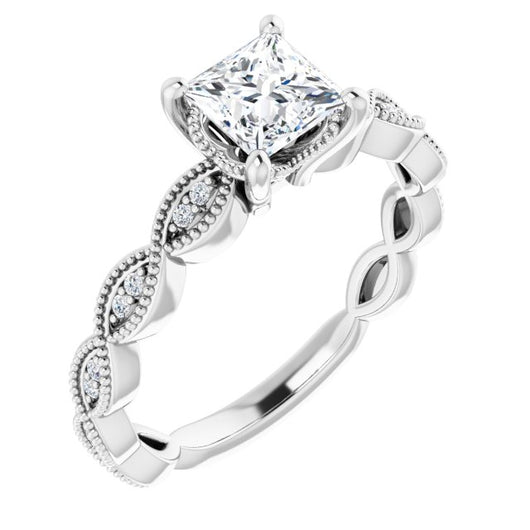 10K White Gold Customizable Princess/Square Cut Artisan Design with Scalloped, Round-Accented Band and Milgrain Detail
